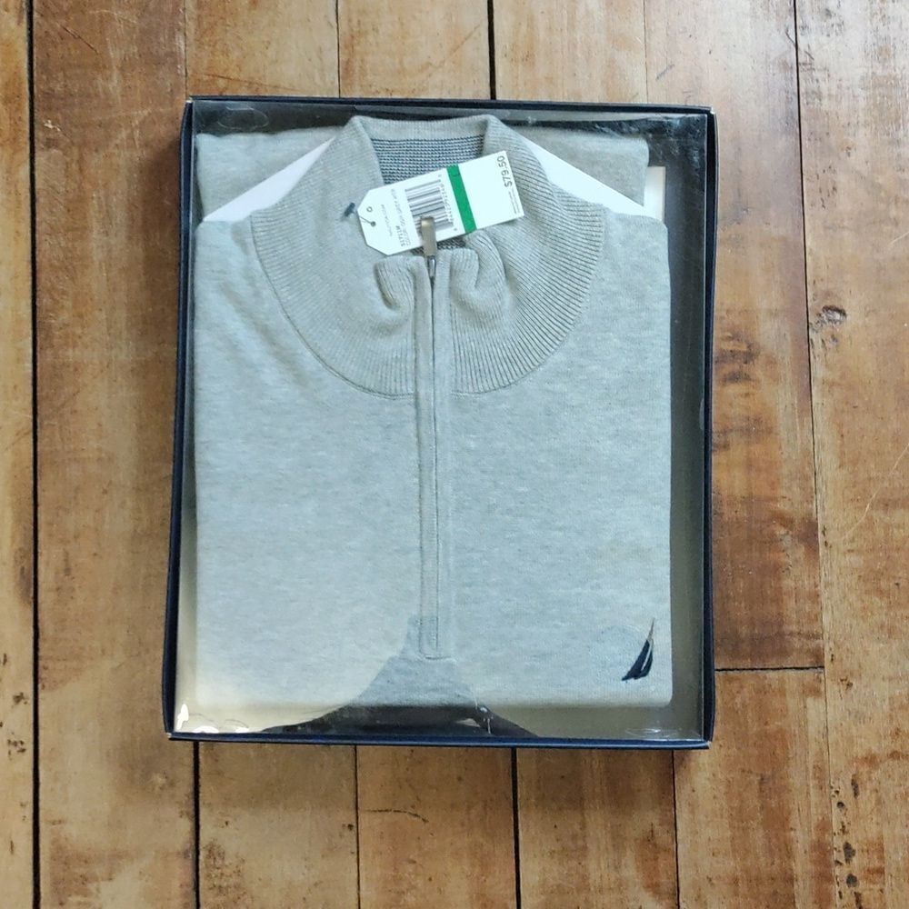 Nautica Sweater Large Mens Gray Spring Knit Pullover Zip Up Easter New Gift
